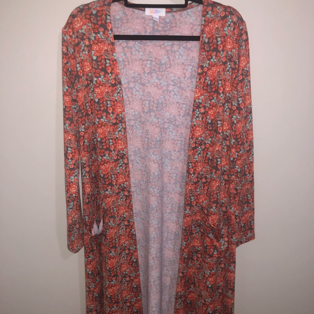 Lularoe “Sarah” long cardigan Size L Orange floral